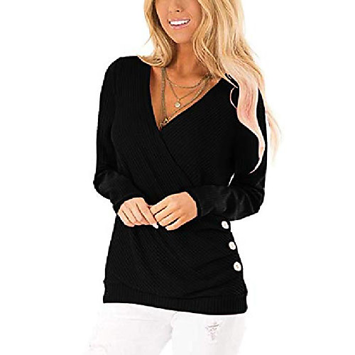 

women's casual long sleeve cross-front v-neck tops button pleated loose blouses (x-large, black)