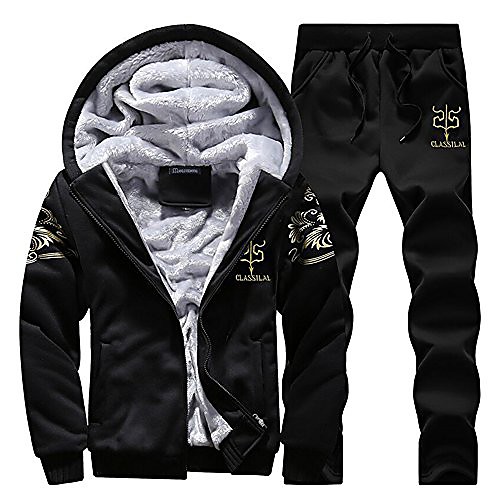 

men's winter fleece tracksuit lightweight soft thick hooded jogging sweat suits warm coats (l, black)