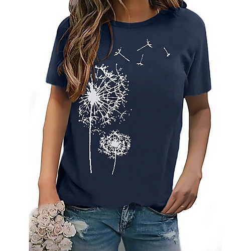 

Women's T shirt Geometric Floral Flower Print Round Neck Tops Cotton Basic Top Wine Navy Blue Gray