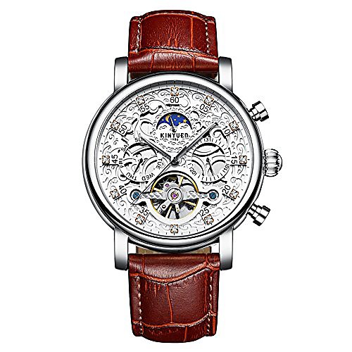 

tourbillon skeleton automatic watch for men's multi-function mechanical leather band watch (white silver brown)