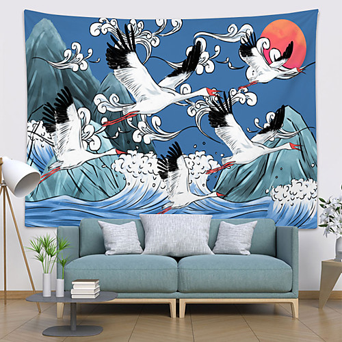 

Chinese Style Wall Tapestry Art Decor Blanket Curtain Hanging Home Bedroom Living Room Decoration Polyester Crane Sun Sea Wave Mountian Cloud