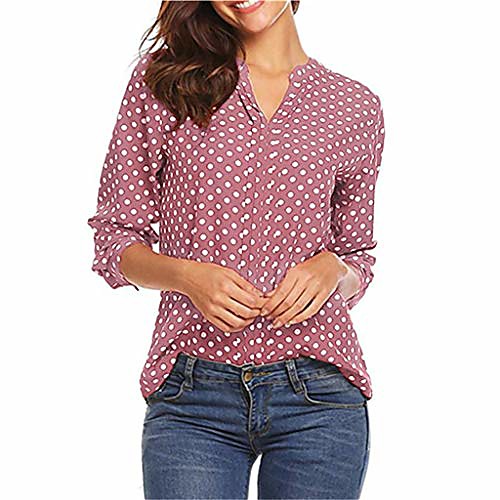 

blouses for women plus size polka dot 3/4 sleeve blouse tops ladies casual office work v neck t-shirt womens blouses short sleeve onsale pink m