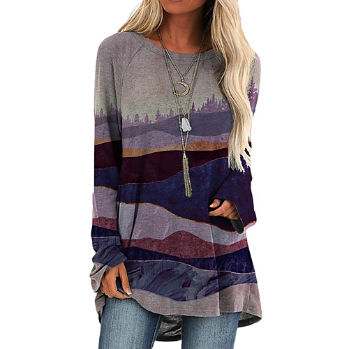 

Women's T shirt Dress Tunic Blouse Scenery Long Sleeve Patchwork Print Round Neck Tops Basic Top Blue Purple