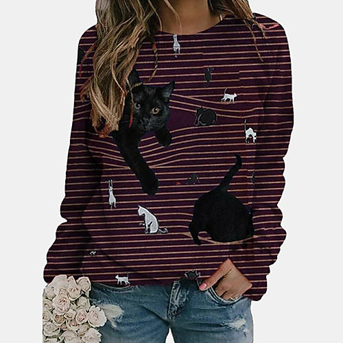 

Women's Blouse Shirt Striped Cat Animal Long Sleeve Round Neck Tops Basic Top Black Blue Wine