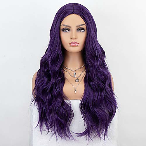 

synthetic purple wig with middle parting long wavy wig 22 inches dark purple cosplay wigs for women