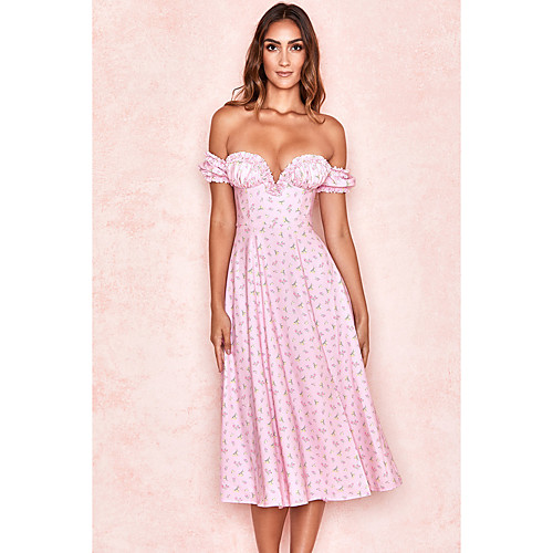 

Sheath / Column Sexy Floral Holiday Party Wear Dress Off Shoulder Short Sleeve Tea Length Spandex with Pleats Pattern / Print 2021