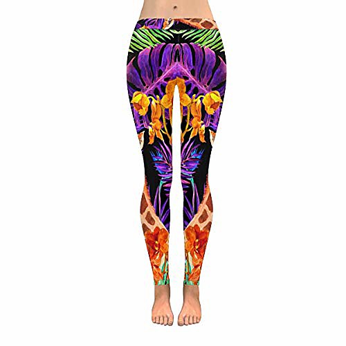 

women's full length leggings giraffe in exotic leaves and orchid flowers in neon light stretchy active leggings 5xl