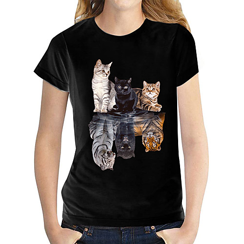 

Women's T shirt Butterfly Graphic Prints Round Neck Tops Slim 100% Cotton Black and White Cat White