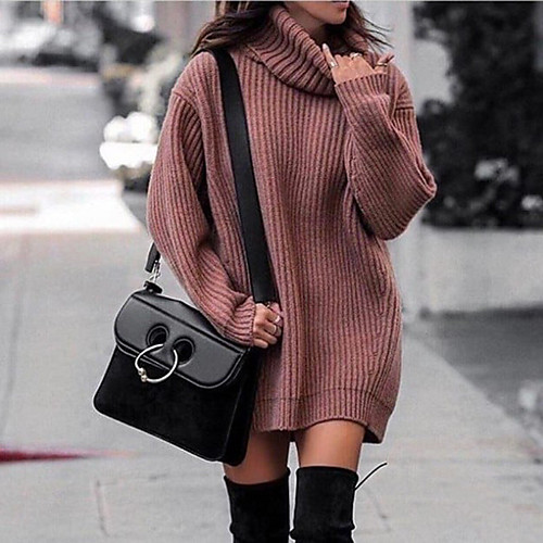 

Women's Sweater Jumper Dress Short Mini Dress Purple Blushing Pink Orange Dusty Blue Gray Long Sleeve Solid Color Fall Winter Turtleneck Casual 2021 S M L XL XXL 3XL 4XL 5XL