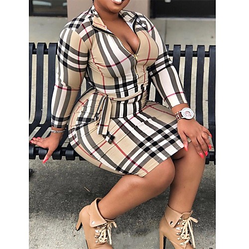 

Women's Shirt Dress Knee Length Dress Blushing Pink Khaki Gray Long Sleeve Print Lace up Print Fall V Neck Casual 2021 L XL XXL 3XL 4XL 5XL