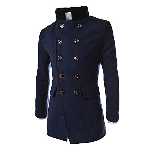 

men overcoat,warm winter notched lapel double breasted trench jacket outwear long pea coat trench coat navy