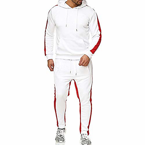 

mens color block tracksuit set, winter casual regular fit sweatpants sweatshirts hoodie pullover with big pocket white