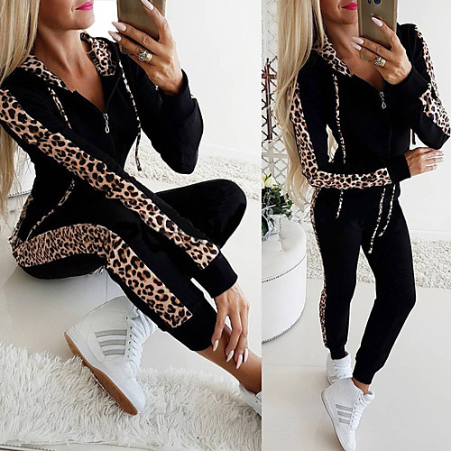 

Women's 2 Piece Full Zip Tracksuit Sweatsuit Casual Athleisure Winter Long Sleeve Thermal Warm Breathable Soft Fitness Gym Workout Jogging Sportswear Leopard Normal Track pants