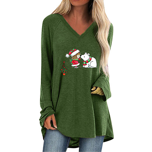 

Women's Christmas Blouse Shirt Cartoon Long Sleeve Patchwork Print V Neck Tops Cotton Christmas Basic Top Black Wine Khaki