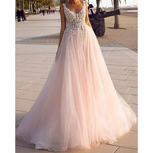 

A-Line Wedding Dresses V Neck Court Train Lace Tulle Sleeveless Country Beach Sexy Wedding Dress in Color with Embroidery 2021
