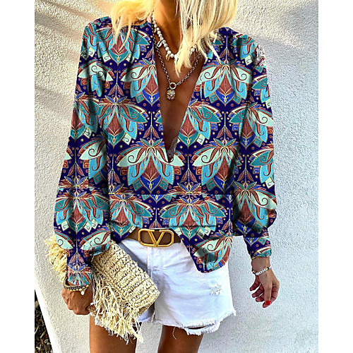 

Women's Blouse Shirt Paisley Long Sleeve Print V Neck Tops Elegant Boho Basic Top Blushing Pink Light Red Light Blue