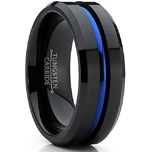 

men's tungsten carbide black and blue wedding band engagement ring with grooved center, comfort fit U.S. ring size