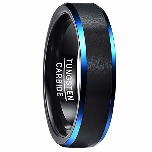 

6mm black and blue tungsten carbide ring engagement ring comfort fit beveled edges size 9