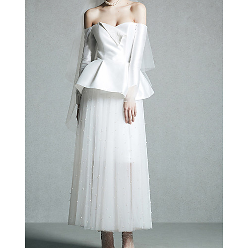 

A-Line Wedding Dresses Off Shoulder Floor Length Satin Tulle 3/4 Length Sleeve Simple Casual with Ruffles 2021