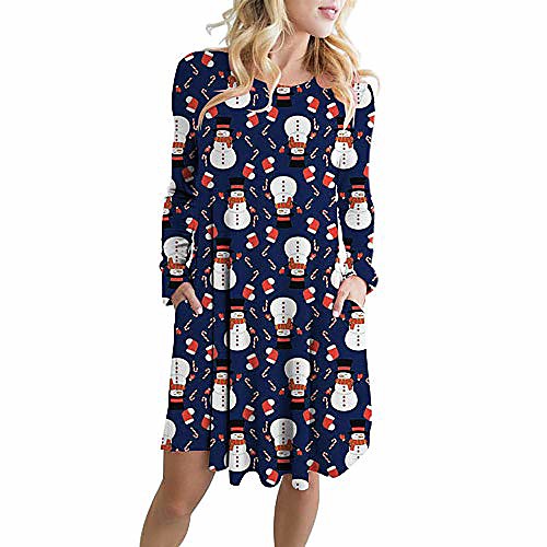 

joyfeel women's ugly christmas printed o-neck long sleeve a-line swing xmas party dress navy