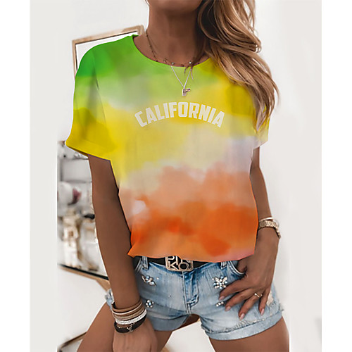 

Women's T shirt Graphic Tie Dye Text Print Round Neck Tops Basic Basic Top Yellow Orange Green