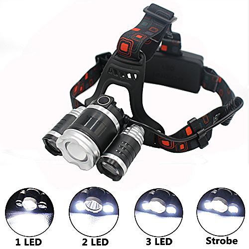 

waterproof 5000 lumen led headlamp, 3 bulbs 4 models adjustable overhead led flashlight for camping biking hunting fishing, rechargeable batteries and wall charger included (silver)