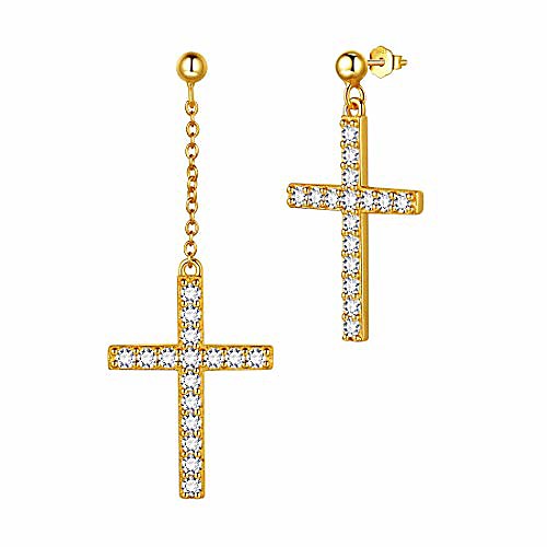 

cross earrings dangle mens 925 sterling silver asymmetry crosss drop earring women crystal cubic zirconia jewelry christmas gift for birthday present de0193w
