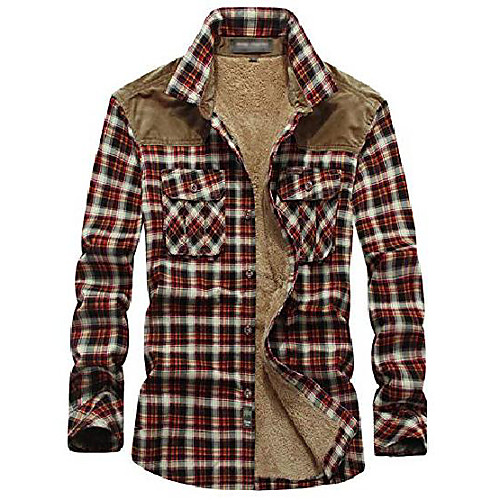 

men's long sleeve button down thermal sherpa lined flannel plaid shirt jacket (large, coffee)