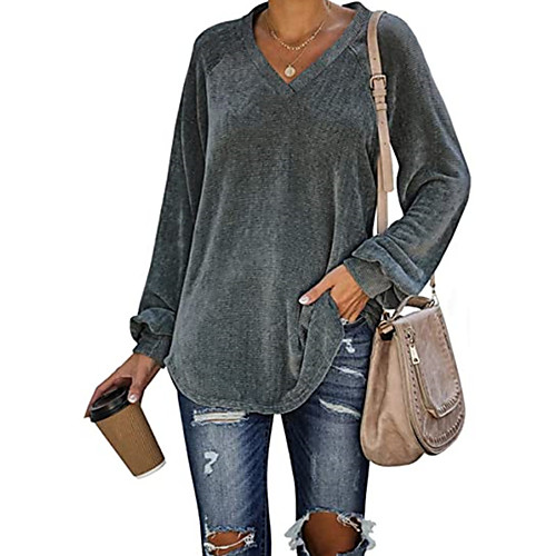 

Women's Blouse Tunic Plain Long Sleeve V Neck Tops Basic Top Black Blue Red