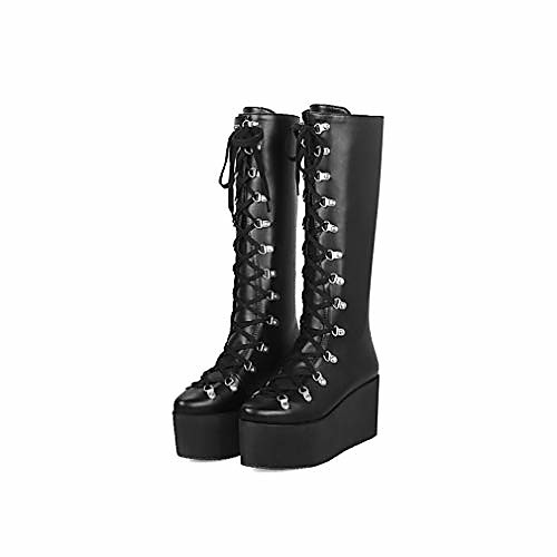 

women's lace up knee high combat boots platform round toe winter motorcycle booties flatforms black