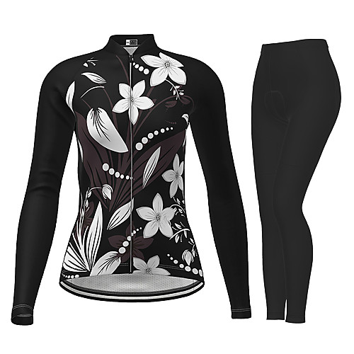 

21Grams Women's Long Sleeve Cycling Jersey with Tights Winter Black Novelty Floral Botanical Bike Breathable Quick Dry Moisture Wicking Sports Novelty Mountain Bike MTB Road Bike Cycling Clothing
