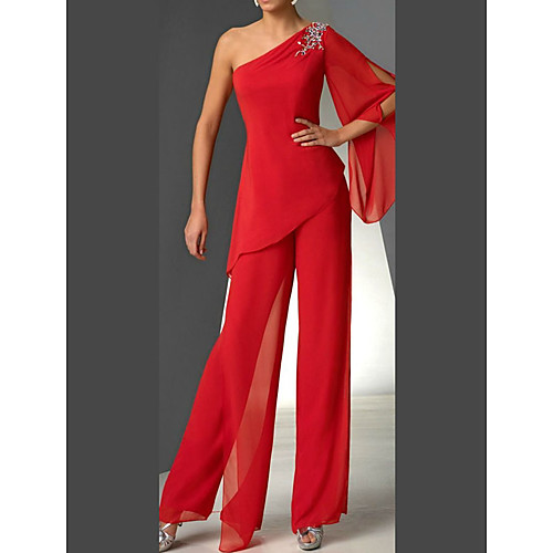 

Two Piece Pantsuit / Jumpsuit Mother of the Bride Dress Elegant Vintage One Shoulder Floor Length Chiffon Long Sleeve with Pleats 2021