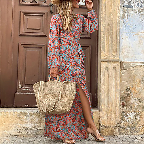 

Women's Shift Dress Maxi long Dress Blue Red Rainbow Long Sleeve Print Split Print Fall Spring V Neck Hot Casual Boho vacation dresses 2021 S M L XL XXL