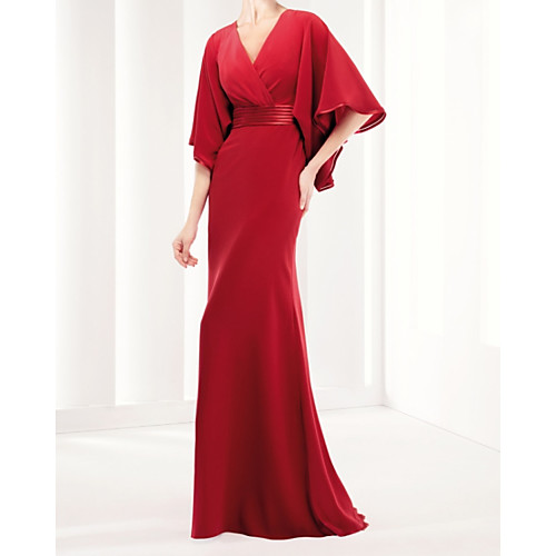 

Sheath / Column Minimalist Elegant Wedding Guest Formal Evening Dress V Neck Half Sleeve Floor Length Chiffon with Sleek 2021