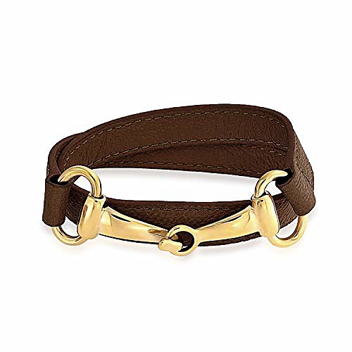 

brown genuine leather horse snaffle bit cow equestrian wrap bracelet for women for teen gold plated stainless steel