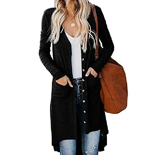 

women's casual long sleeve button down long knit cardigan open front sweater with pockets, black, xl
