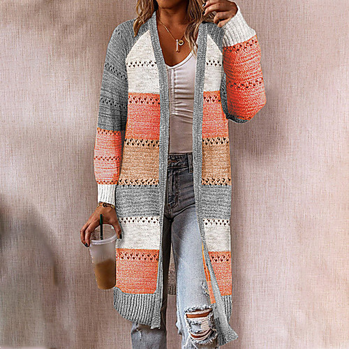 

Women's Knitted Color Block Cardigan Long Sleeve Sweater Cardigans V Neck Fall Winter Blushing Pink Wine Orange