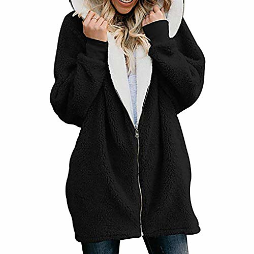 

solid oversized zip down hooded coat cardigans for womens winter soft fleece outwear with pocket outdoor black