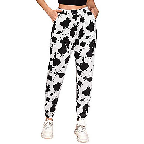 

women's cow print sweatpants elastic high waist jogger pants with pocket white-cow print xs