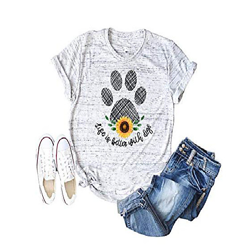 

life is better with a dogs shirt women dog paw sunflower graphic tee casual short sleeve o neck blouse top m grey