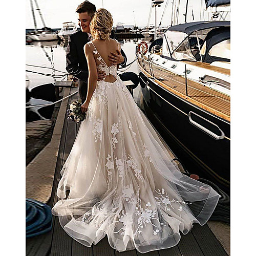 

A-Line Wedding Dresses V Neck Court Train Tulle Spaghetti Strap Backless with Appliques 2021