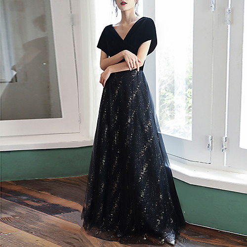 

A-Line Glittering Elegant Engagement Formal Evening Dress V Neck Short Sleeve Floor Length Tulle Velvet with Sequin 2021