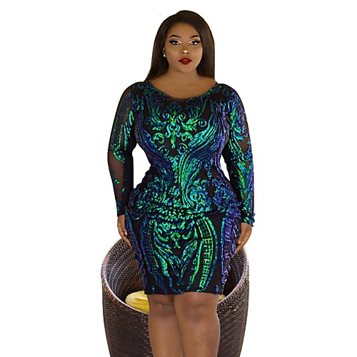 

Women's Sheath Dress Knee Length Dress Rainbow Long Sleeve Print Sequins Mesh Print Fall Round Neck Casual 2021 XL XXL 3XL 4XL 5XL / Plus Size