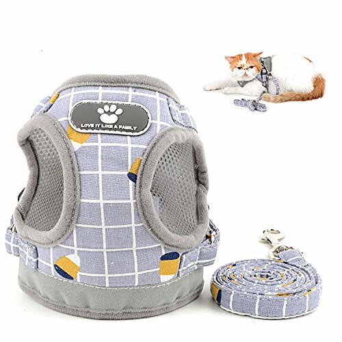 

plaid cat harness and lead set escape proof reflective soft mesh chest harness for kitten small dogs puppy no pull easy on step in vest harness for chihuahua walking training outdoor gray m