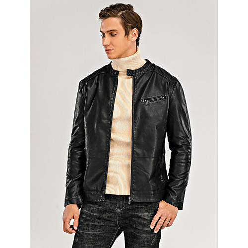 

Men's Solid Colored Spring & Fall Faux Leather Jacket Regular Daily Long Sleeve Faux Leather Coat Tops Black