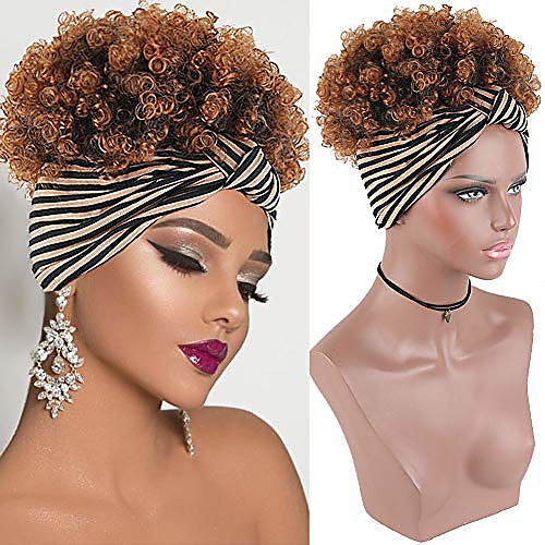 

afro high puff hair bun ponytail with soft calico pattern headband head-wrap wigs for black women, afro kinky curly wig with headband attached ponytail wigs for black women(1b/30)