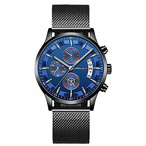 

men watch fashion waterproof chronograph wrist watches for men gift casual black men's wristwatch with mesh stainless steel strap analog quartz clock auto date