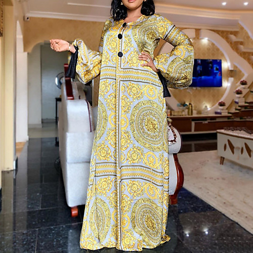 

Women's Swing Dress Maxi long Dress Yellow Long Sleeve Print Print Fall Round Neck Casual Lantern Sleeve 2021 S M L XL XXL 3XL