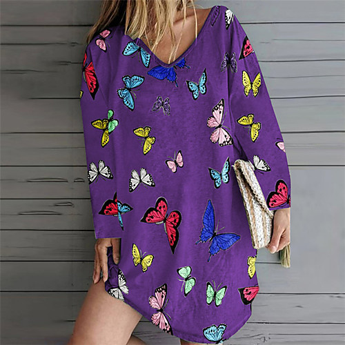 

Women's T shirt Dress Tunic Butterfly Sexy Long Sleeve Asymmetric Print V Neck Tops Basic Basic Top Blue Purple Yellow