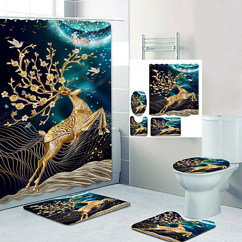 

Golden Elk Bird Digital Printing Four-piece Set Shower Curtains and Hooks Modern Polyester Machine Made Waterproof Bathroom